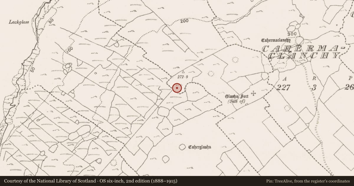 Ordnance Survey six-inch map, 2nd edition (1888–1915) covering the location of Ringfort - cashel, Glasha Beg, Glasha More, County Clare, with a pin at the register's coordinates