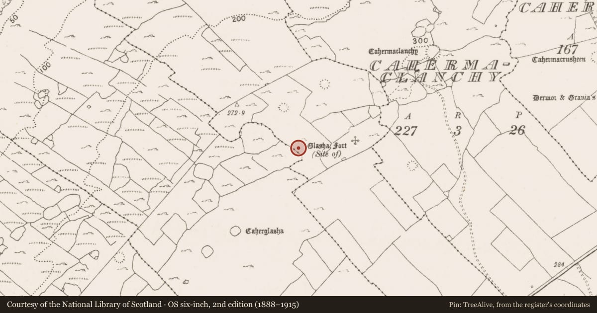 Ordnance Survey six-inch map, 2nd edition (1888–1915) covering the location of Ringfort - cashel, Glasha Beg, Glasha More, County Clare, with a pin at the register's coordinates