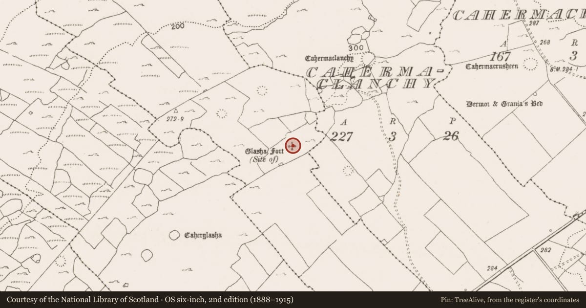 Ordnance Survey six-inch map, 2nd edition (1888–1915) covering the location of Enclosure, Glasha More, County Clare, with a pin at the register's coordinates