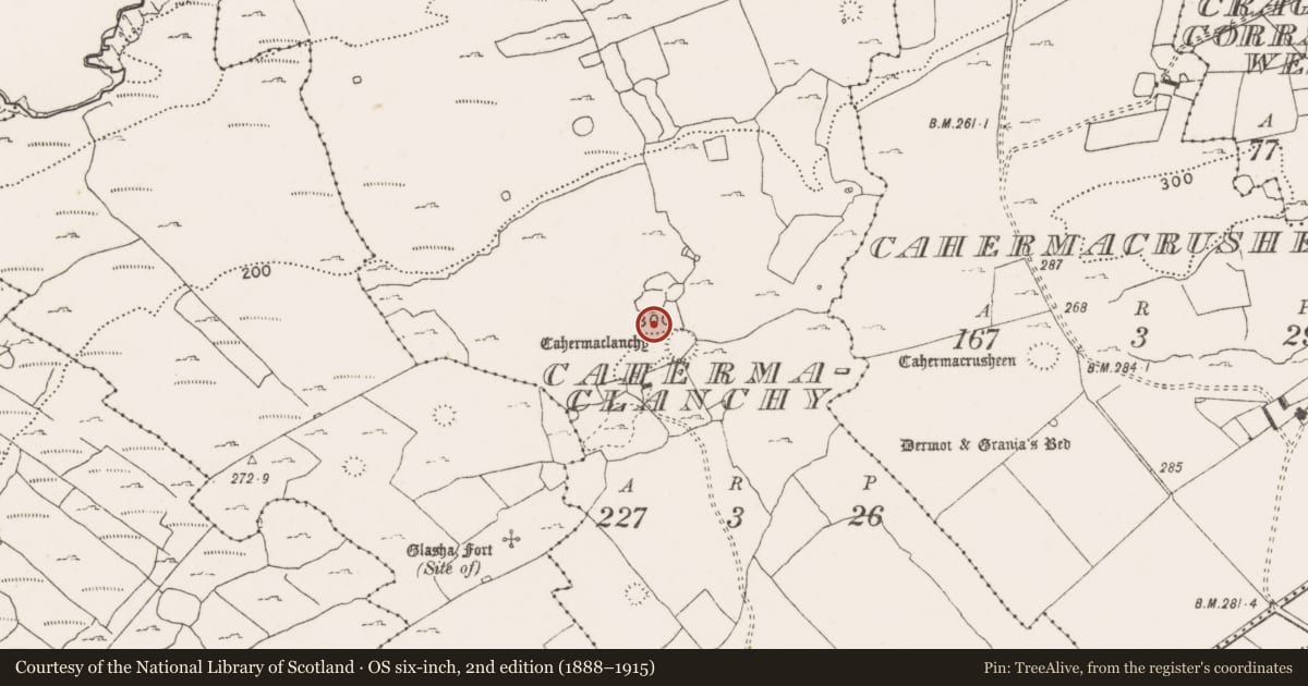 Ordnance Survey six-inch map, 2nd edition (1888–1915) covering the location of Field system, Cahermaclanchy, Glasha More, County Clare, with a pin at the register's coordinates