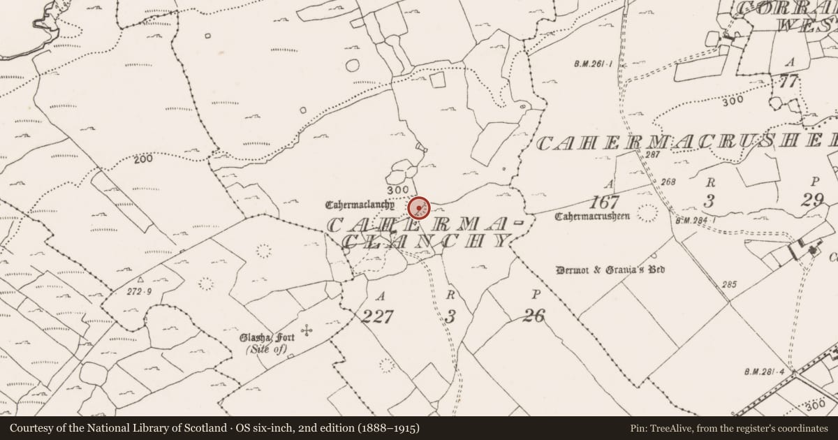 Ordnance Survey six-inch map, 2nd edition (1888–1915) covering the location of Ringfort - cashel, Cahermaclanchy, County Clare, with a pin at the register's coordinates