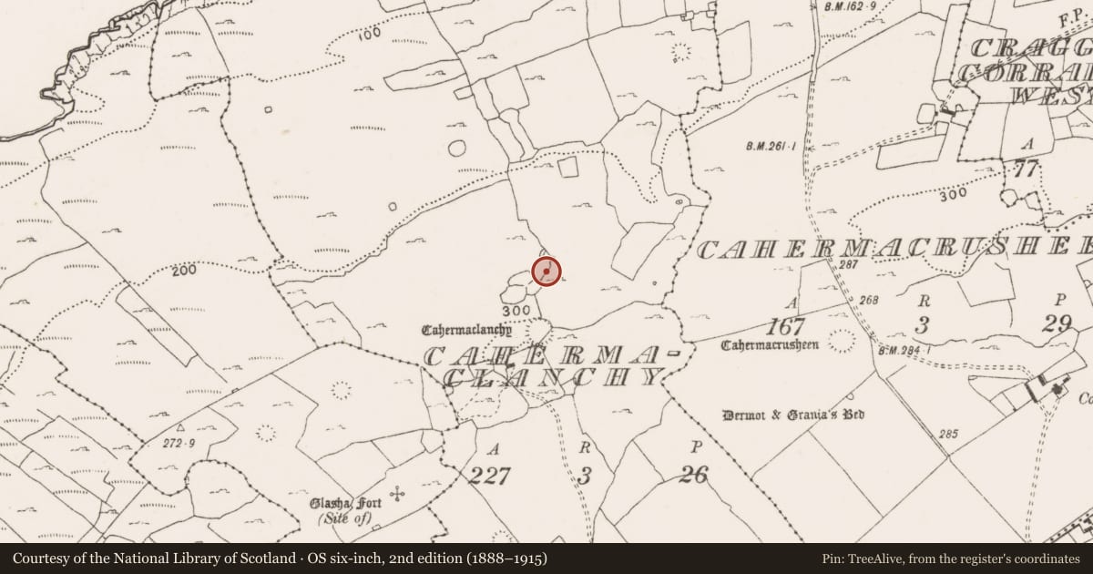 Ordnance Survey six-inch map, 2nd edition (1888–1915) covering the location of House - indeterminate date, Cahermaclanchy, County Clare, with a pin at the register's coordinates