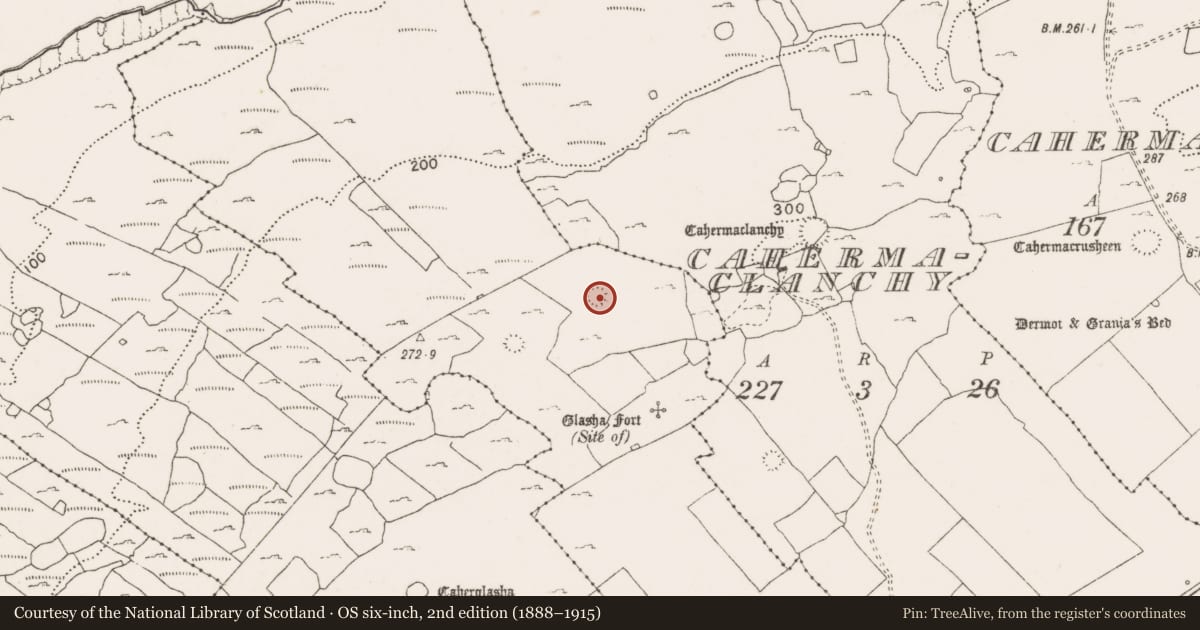 Ordnance Survey six-inch map, 2nd edition (1888–1915) covering the location of Souterrain, Glasha More, County Clare, with a pin at the register's coordinates