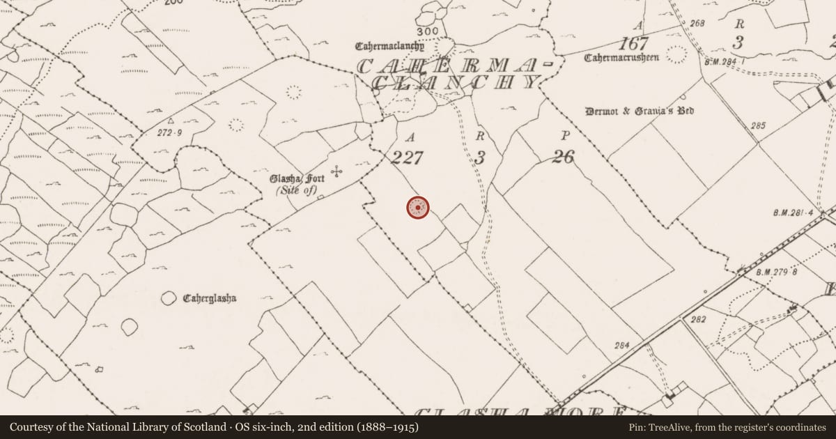 Ordnance Survey six-inch map, 2nd edition (1888–1915) covering the location of Enclosure, Cahermaclanchy, County Clare, with a pin at the register's coordinates
