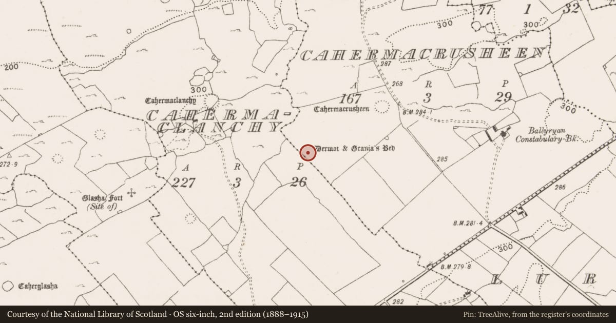 Ordnance Survey six-inch map, 2nd edition (1888–1915) covering the location of Megalithic tomb - wedge tomb, Cahermacrusheen, County Clare, with a pin at the register's coordinates