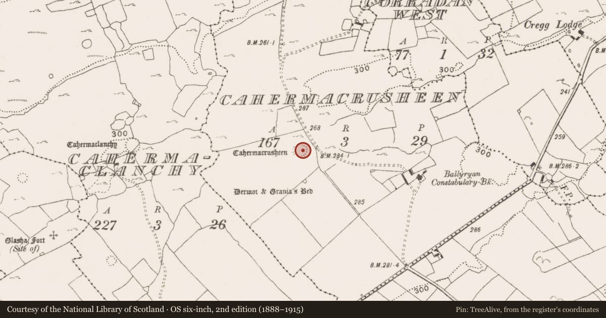 Ordnance Survey six-inch map, 2nd edition (1888–1915) covering the location of Ringfort - cashel, Cahermacrusheen, County Clare, with a pin at the register's coordinates