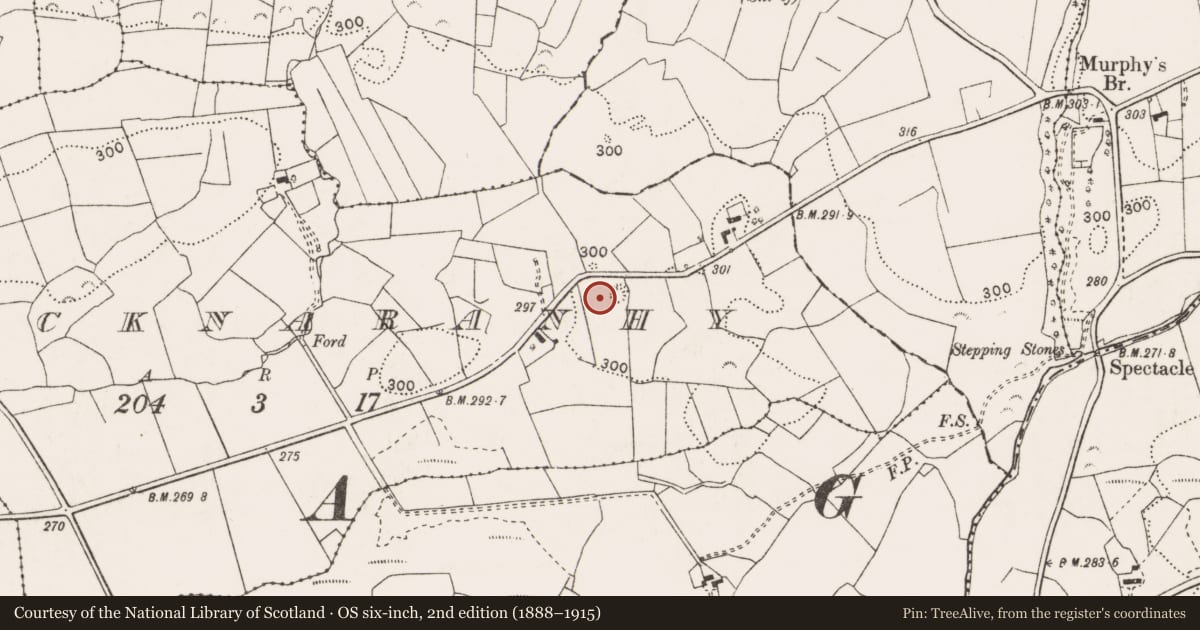 Ordnance Survey six-inch map, 2nd edition (1888–1915) covering the location of Barrow - ring-barrow, Knocknaranhy, County Clare, with a pin at the register's coordinates