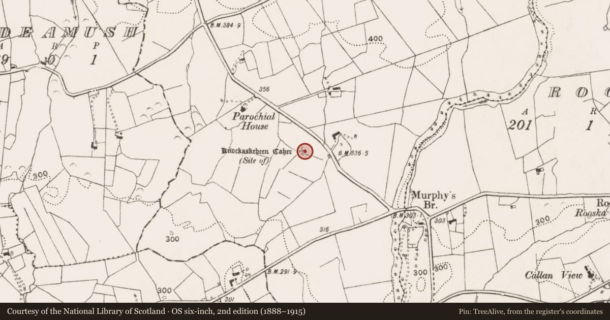 Ordnance Survey six-inch map, 2nd edition (1888–1915) covering the location of Ringfort - cashel, Knockaskeheen, County Clare, with a pin at the register's coordinates