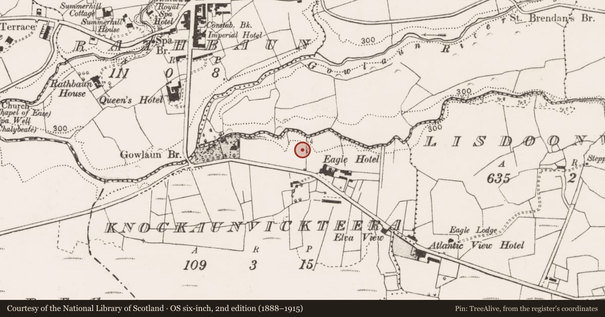 Ordnance Survey six-inch map, 2nd edition (1888–1915) covering the location of Barrow - ring-barrow, Knockaunvickteera, County Clare, with a pin at the register's coordinates