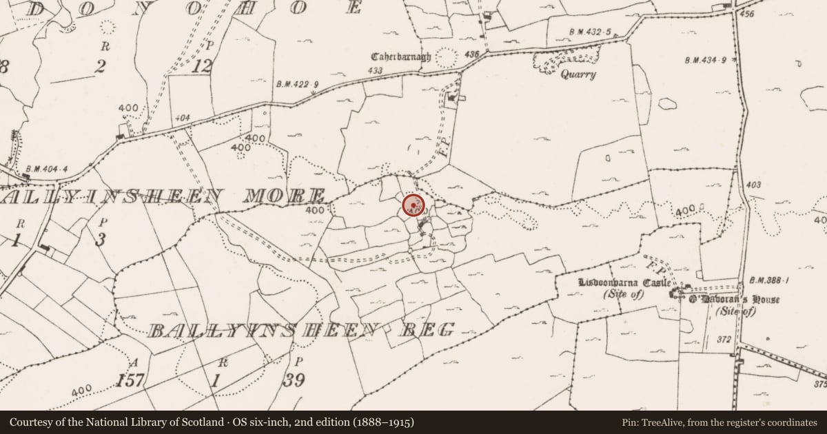 Ordnance Survey six-inch map, 2nd edition (1888–1915) covering the location of Ringfort - rath, Ballyinsheen Beg, County Clare, with a pin at the register's coordinates