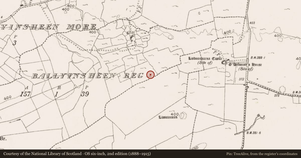 Ordnance Survey six-inch map, 2nd edition (1888–1915) covering the location of Ringfort - cashel, Ballyinsheen Beg, County Clare, with a pin at the register's coordinates