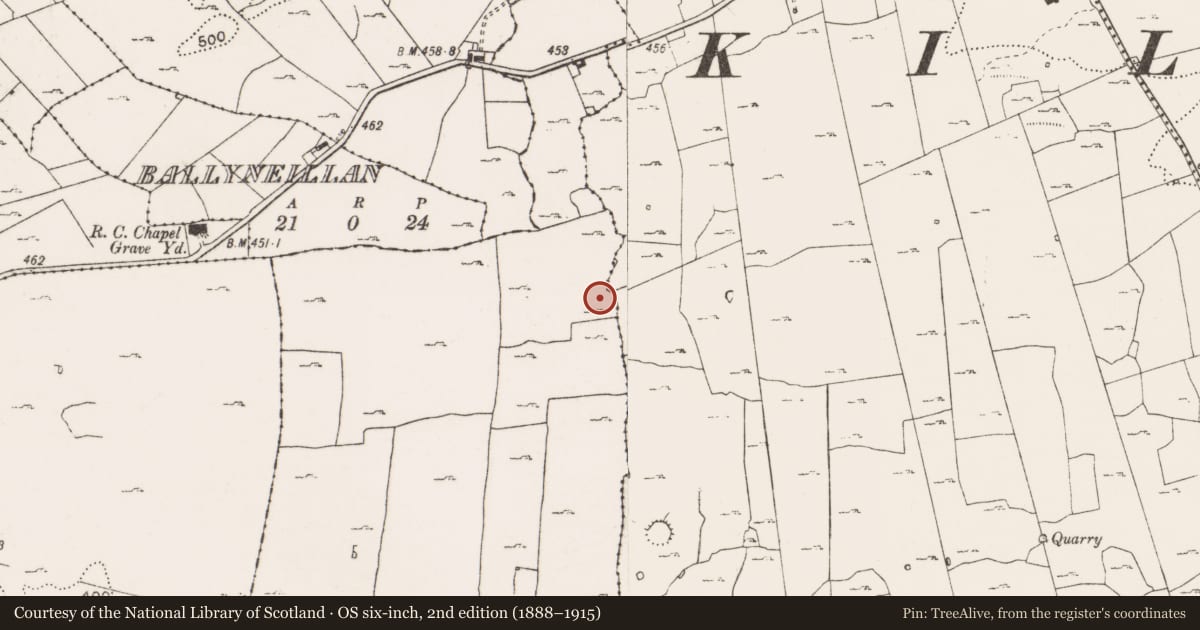 Ordnance Survey six-inch map, 2nd edition (1888–1915) covering the location of Cairn - unclassified, Ballygastell, County Clare, with a pin at the register's coordinates