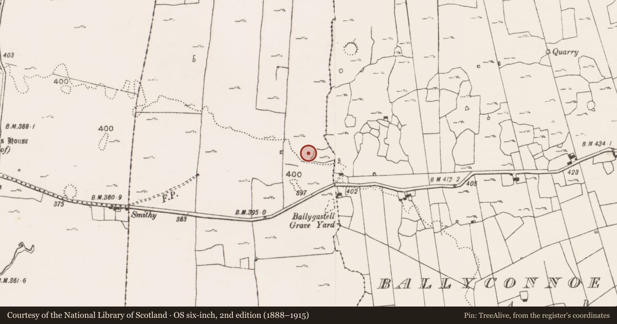 Ordnance Survey six-inch map, 2nd edition (1888–1915) covering the location of House - indeterminate date, Ballygastell, County Clare, with a pin at the register's coordinates