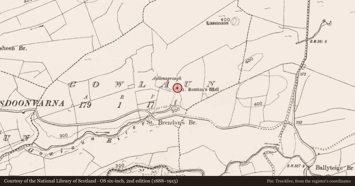 Ordnance Survey six-inch map, 2nd edition (1888–1915) covering the location of Ritual site - holy well, Gowlaun, County Clare, with a pin at the register's coordinates
