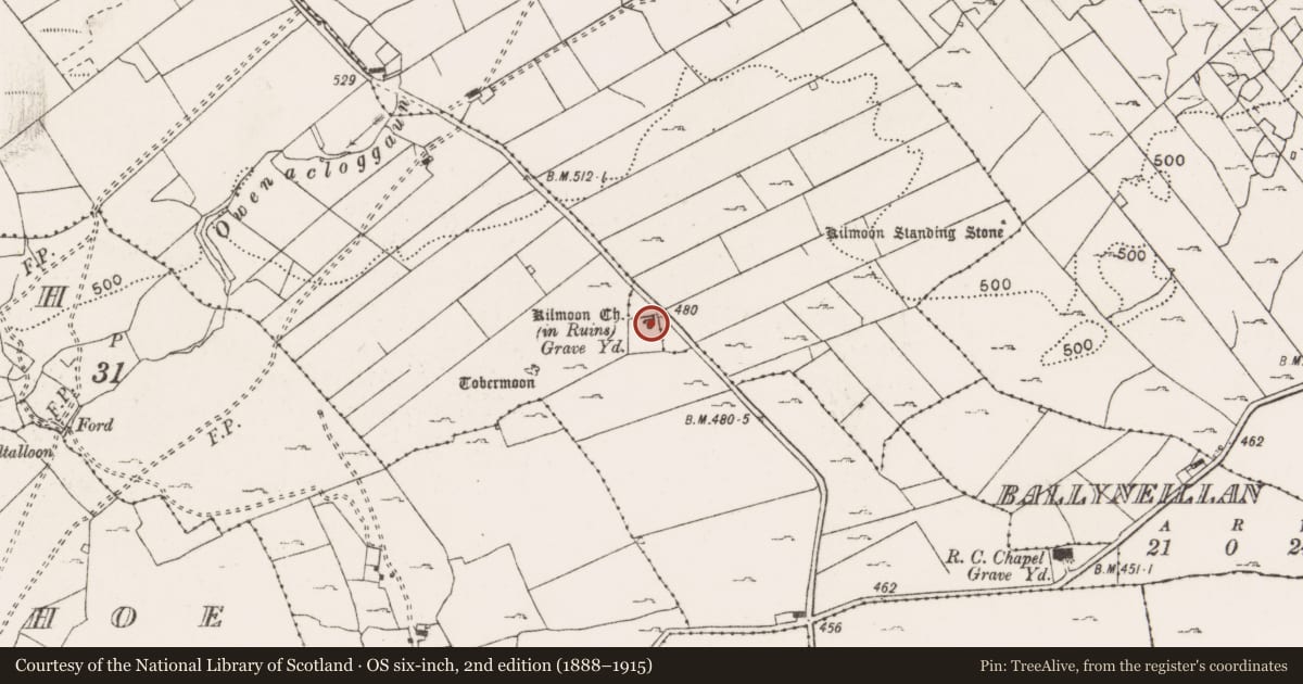 Ordnance Survey six-inch map, 2nd edition (1888–1915) covering the location of Church, Kilmoon East, Kilmoon West, County Clare, with a pin at the register's coordinates
