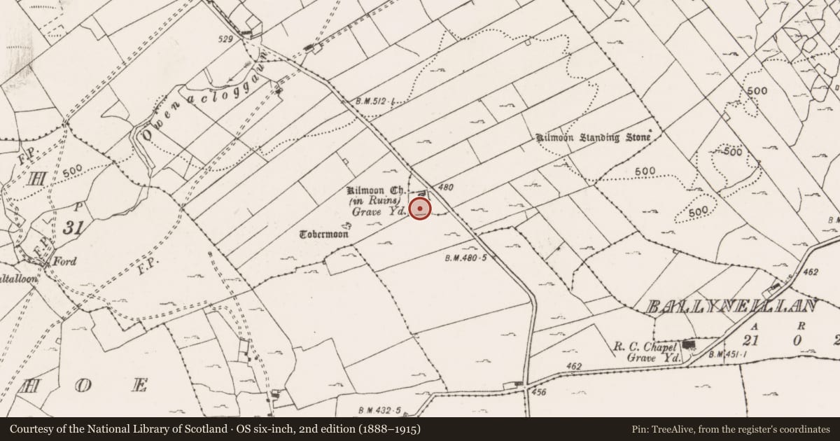 Ordnance Survey six-inch map, 2nd edition (1888–1915) covering the location of Graveyard, Kilmoon East, Kilmoon West, County Clare, with a pin at the register's coordinates