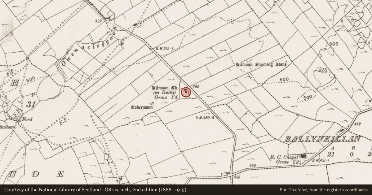 Ordnance Survey six-inch map, 2nd edition (1888–1915) covering the location of House - medieval, Kilmoon West, County Clare, with a pin at the register's coordinates