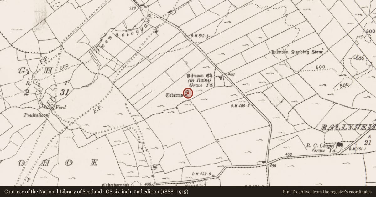 Ordnance Survey six-inch map, 2nd edition (1888–1915) covering the location of Building, Kilmoon West, County Clare, with a pin at the register's coordinates