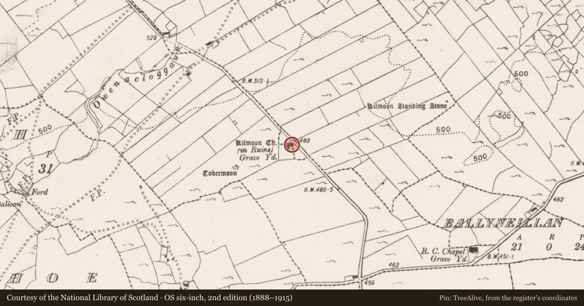 Ordnance Survey six-inch map, 2nd edition (1888–1915) covering the location of Cross-slab, Kilmoon West, County Clare, with a pin at the register's coordinates