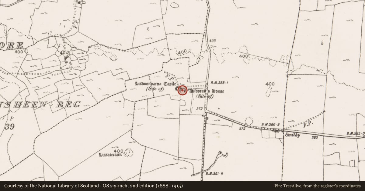 Ordnance Survey six-inch map, 2nd edition (1888–1915) covering the location of House - medieval, Lisdoonvarna, County Clare, with a pin at the register's coordinates