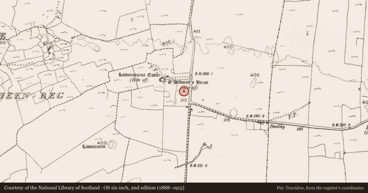 Ordnance Survey six-inch map, 2nd edition (1888–1915) covering the location of Bawn, Lisdoonvarna, County Clare, with a pin at the register's coordinates