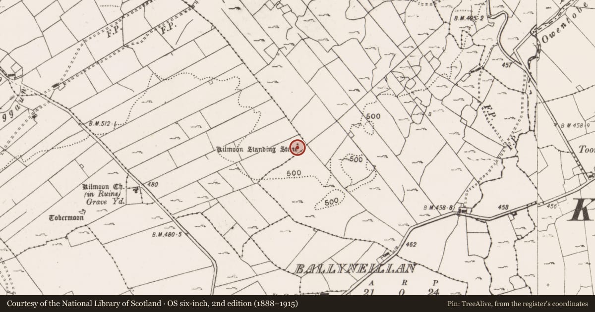 Ordnance Survey six-inch map, 2nd edition (1888–1915) covering the location of Standing stone, Kilmoon East, County Clare, with a pin at the register's coordinates