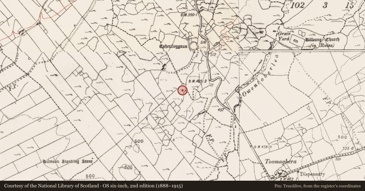 Ordnance Survey six-inch map, 2nd edition (1888–1915) covering the location of Ringfort - cashel, Ballyhenna, Cahercloggaun, County Clare, with a pin at the register's coordinates