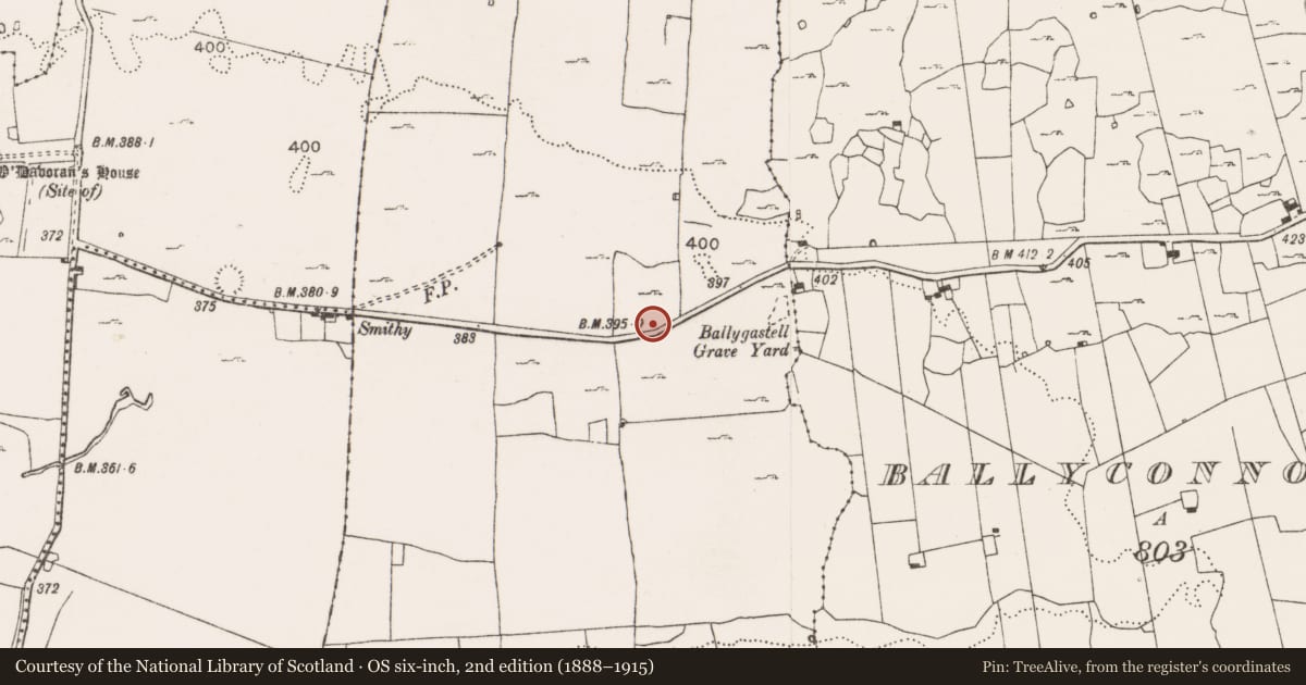 Ordnance Survey six-inch map, 2nd edition (1888–1915) covering the location of Ringfort - cashel, Ballygastell, County Clare, with a pin at the register's coordinates