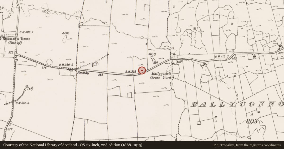 Ordnance Survey six-inch map, 2nd edition (1888–1915) covering the location of House - indeterminate date, Ballygastell, County Clare, with a pin at the register's coordinates