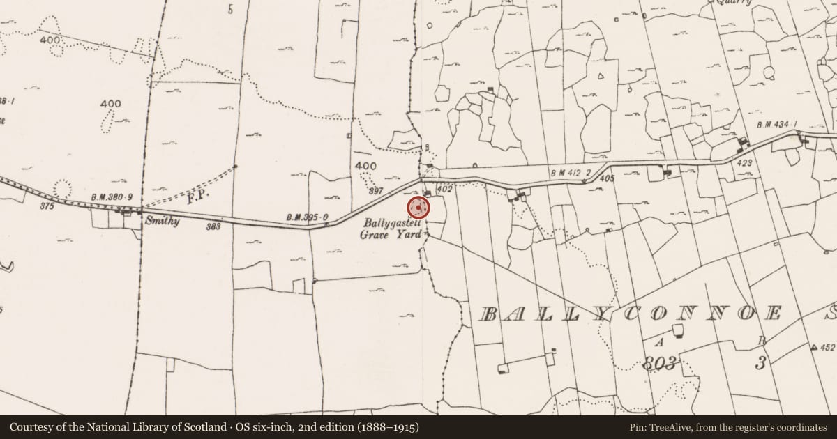 Ordnance Survey six-inch map, 2nd edition (1888–1915) covering the location of Children's burial ground, Ballygastell, County Clare, with a pin at the register's coordinates
