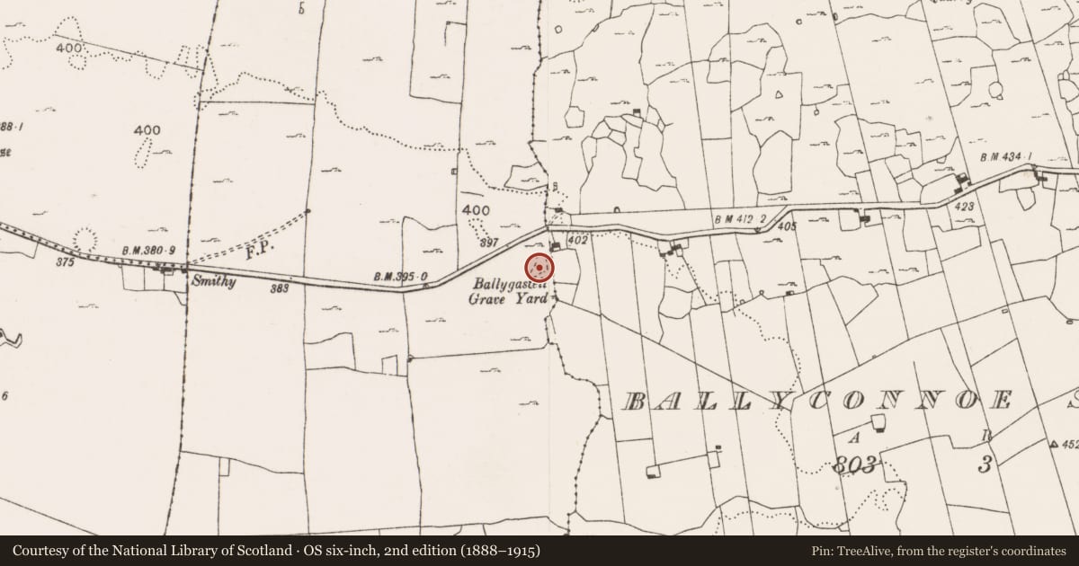 Ordnance Survey six-inch map, 2nd edition (1888–1915) covering the location of Standing stone, Ballygastell, County Clare, with a pin at the register's coordinates