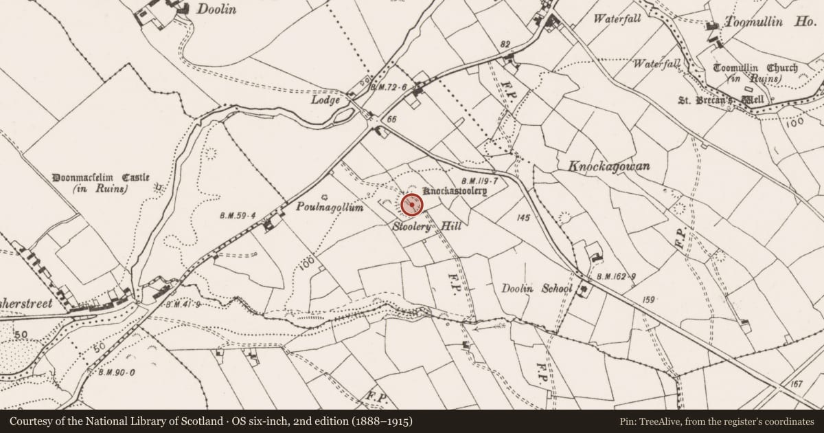 Ordnance Survey six-inch map, 2nd edition (1888–1915) covering the location of Standing stone, Doolin, County Clare, with a pin at the register's coordinates