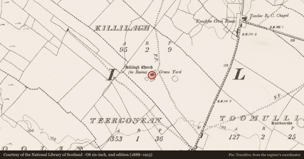Ordnance Survey six-inch map, 2nd edition (1888–1915) covering the location of Church, Killilagh, County Clare, with a pin at the register's coordinates