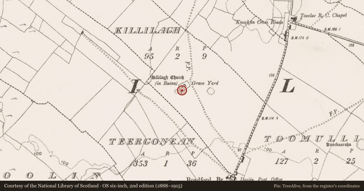 Ordnance Survey six-inch map, 2nd edition (1888–1915) covering the location of Graveyard, Killilagh, County Clare, with a pin at the register's coordinates