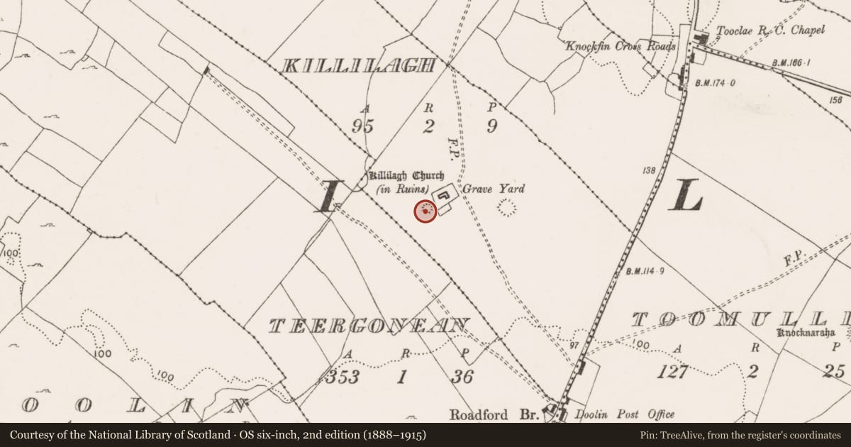 Ordnance Survey six-inch map, 2nd edition (1888–1915) covering the location of Enclosure, Killilagh, County Clare, with a pin at the register's coordinates