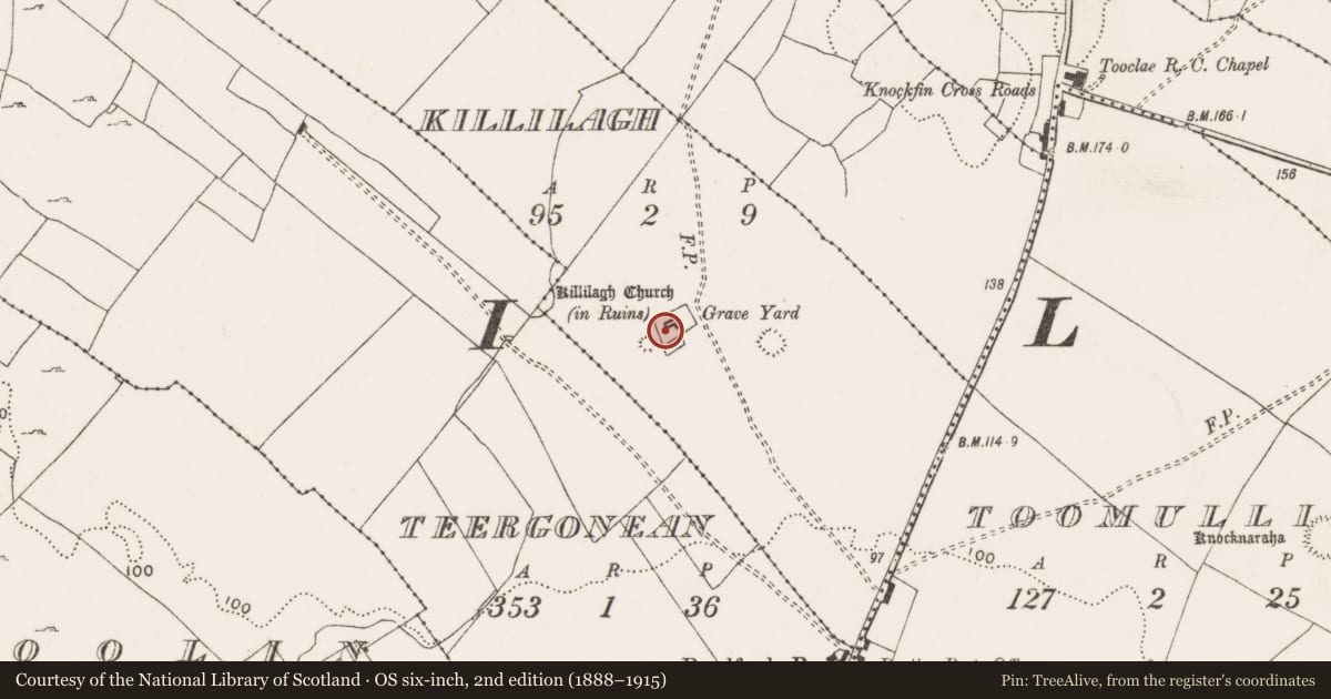 Ordnance Survey six-inch map, 2nd edition (1888–1915) covering the location of Font, Killilagh, County Clare, with a pin at the register's coordinates