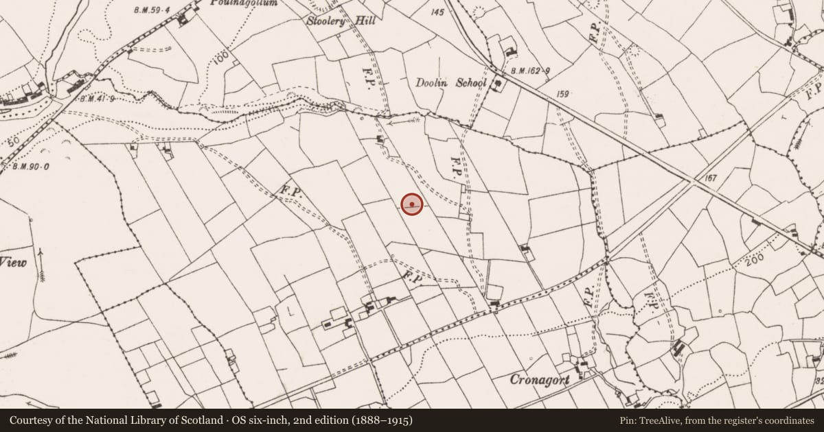 Ordnance Survey six-inch map, 2nd edition (1888–1915) covering the location of Barrow - ring-barrow, Ballyvara, County Clare, with a pin at the register's coordinates