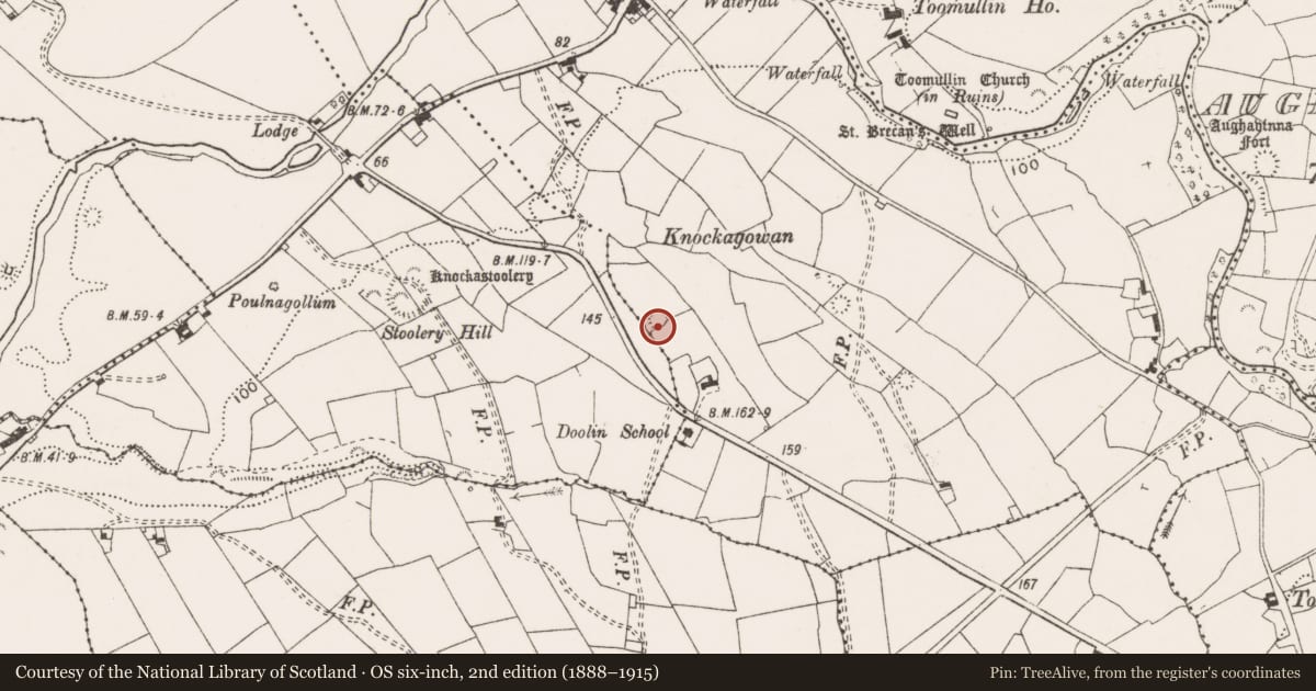 Ordnance Survey six-inch map, 2nd edition (1888–1915) covering the location of Barrow - ring-barrow, Teergonean, County Clare, with a pin at the register's coordinates