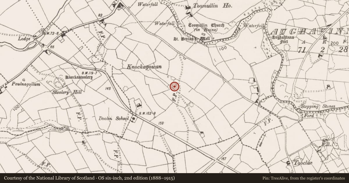 Ordnance Survey six-inch map, 2nd edition (1888–1915) covering the location of Barrow - ring-barrow, Teergonean, County Clare, with a pin at the register's coordinates