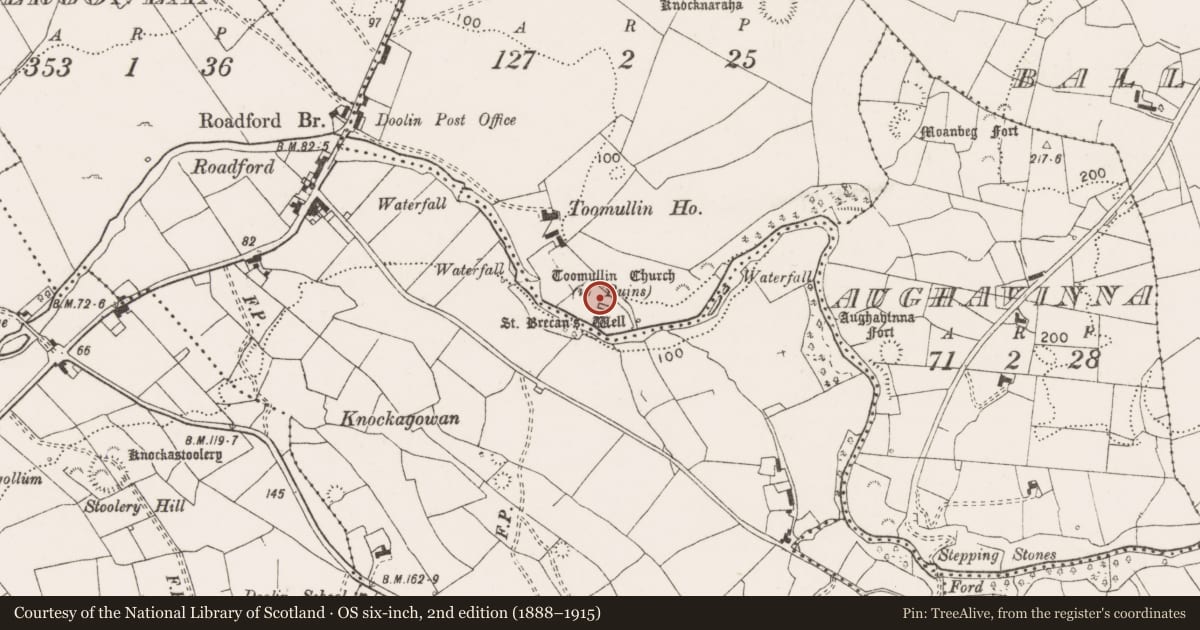 Ordnance Survey six-inch map, 2nd edition (1888–1915) covering the location of Graveyard, Toomullin, County Clare, with a pin at the register's coordinates