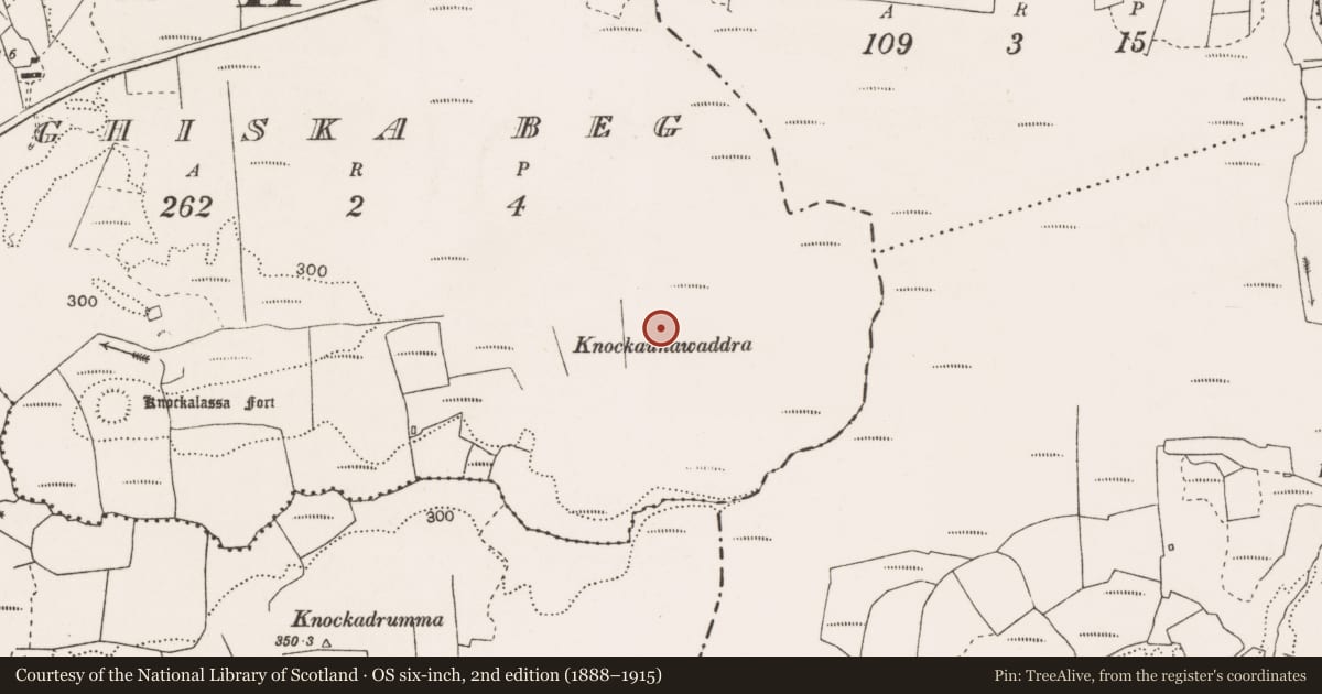 Ordnance Survey six-inch map, 2nd edition (1888–1915) covering the location of Platform, Aughiska Beg, County Clare, with a pin at the register's coordinates