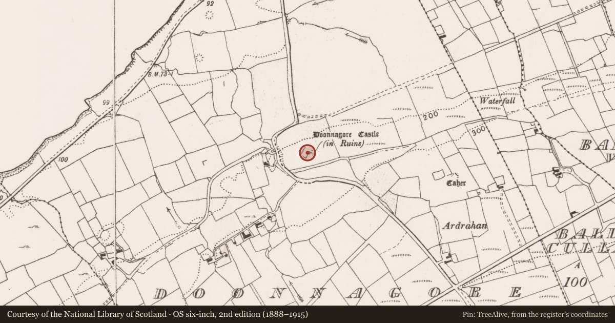 Ordnance Survey six-inch map, 2nd edition (1888–1915) covering the location of Bawn, Doonnagore, County Clare, with a pin at the register's coordinates