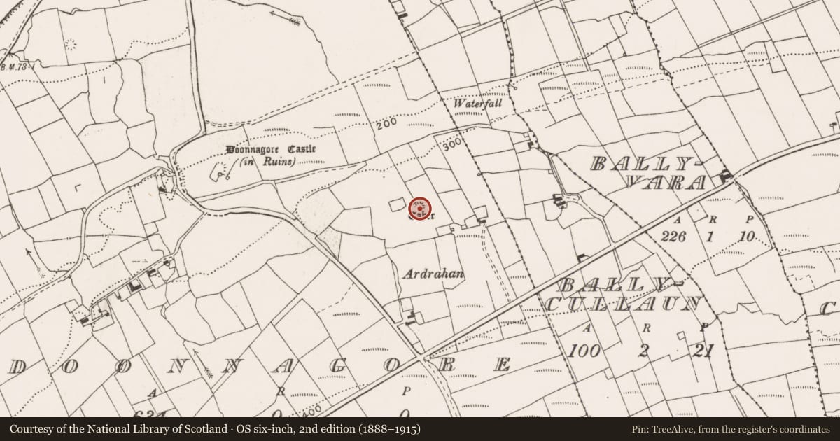 Ordnance Survey six-inch map, 2nd edition (1888–1915) covering the location of Enclosure, Doonnagore, County Clare, with a pin at the register's coordinates