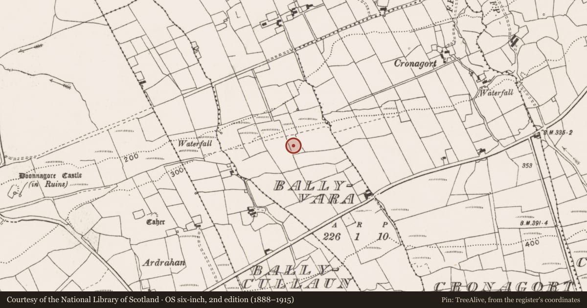 Ordnance Survey six-inch map, 2nd edition (1888–1915) covering the location of Barrow - unclassified, Ballyvara, County Clare, with a pin at the register's coordinates