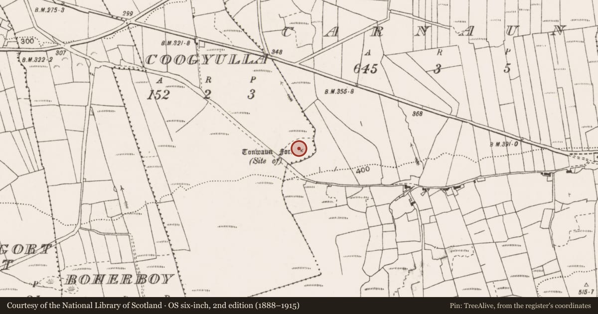 Ordnance Survey six-inch map, 2nd edition (1888–1915) covering the location of Ringfort - unclassified, Coogyulla, County Clare, with a pin at the register's coordinates