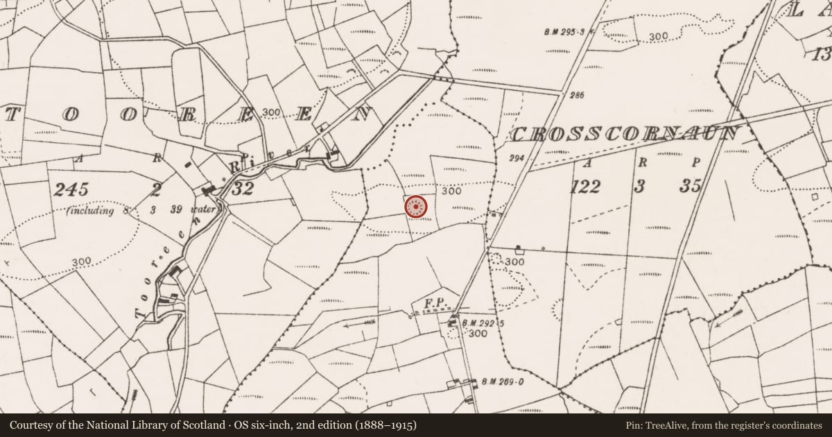 Ordnance Survey six-inch map, 2nd edition (1888–1915) covering the location of Enclosure, Ballytarsna, County Clare, with a pin at the register's coordinates
