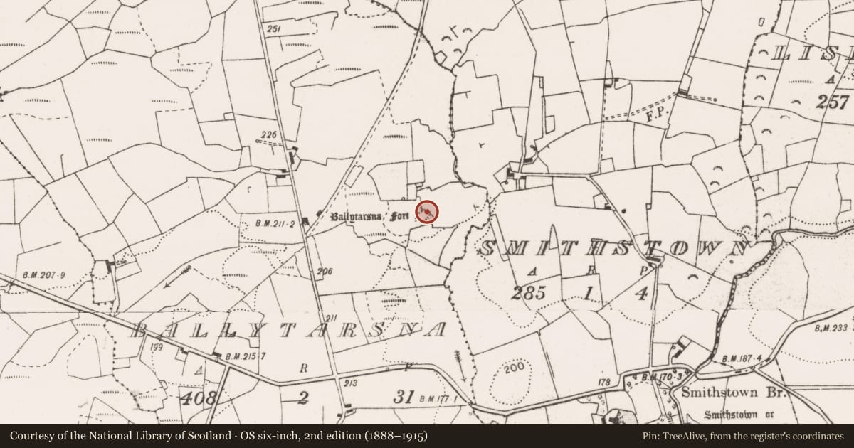 Ordnance Survey six-inch map, 2nd edition (1888–1915) covering the location of Enclosure, Ballytarsna, County Clare, with a pin at the register's coordinates
