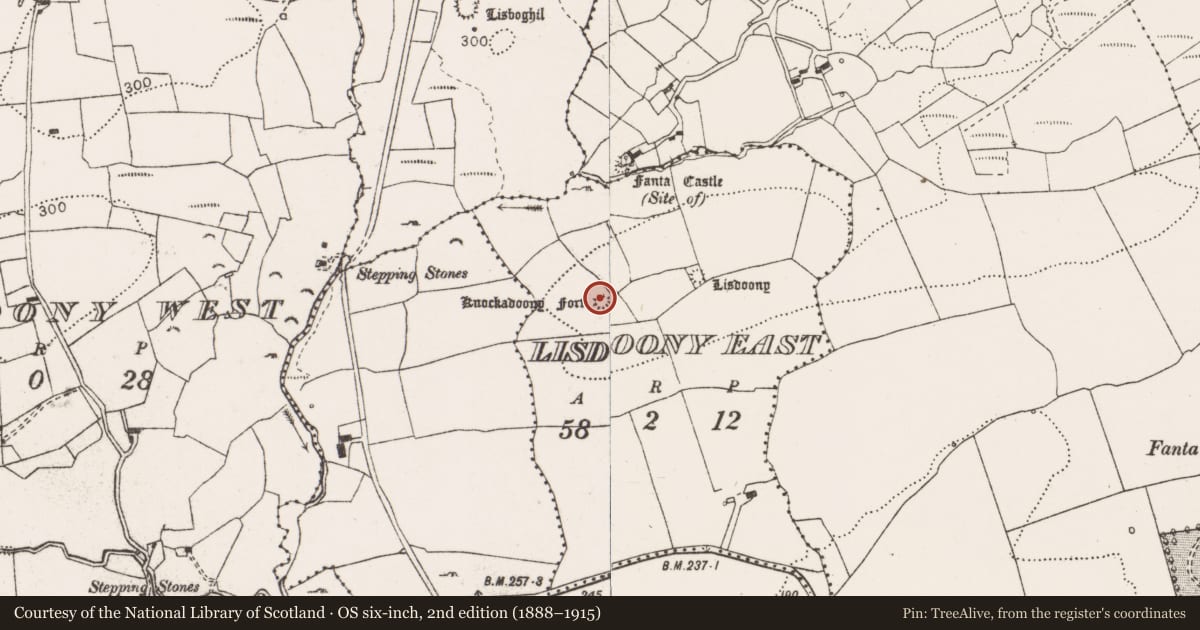 Ordnance Survey six-inch map, 2nd edition (1888–1915) covering the location of Ringfort - rath, Lisdoony East, County Clare, with a pin at the register's coordinates