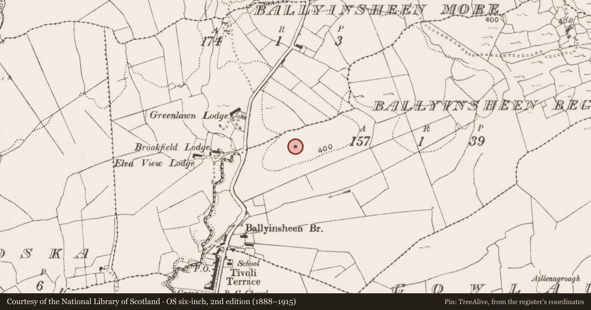 Ordnance Survey six-inch map, 2nd edition (1888–1915) covering the location of Barrow - unclassified, Ballyinsheen Beg, County Clare, with a pin at the register's coordinates