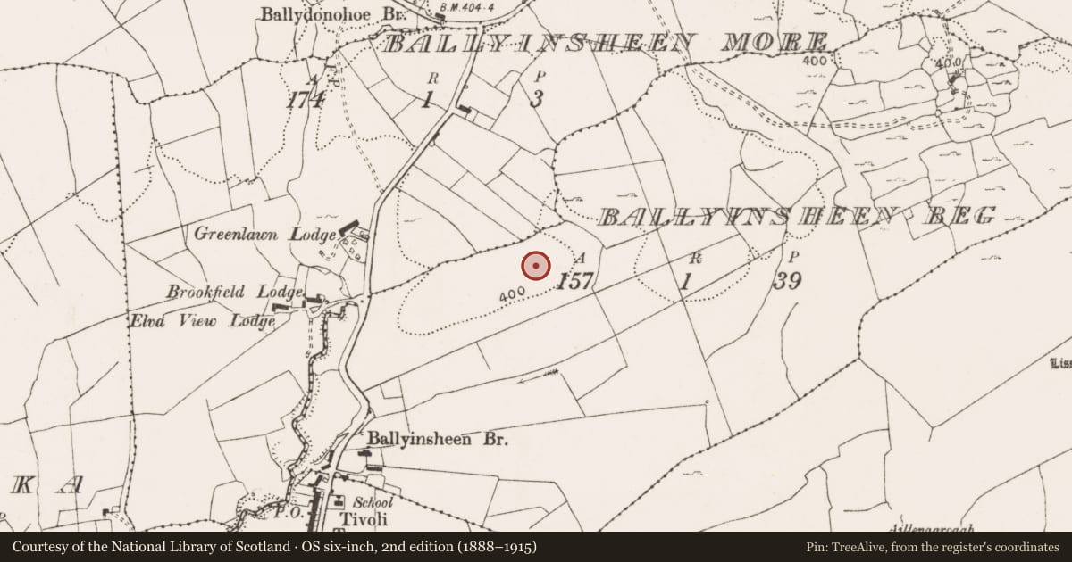 Ordnance Survey six-inch map, 2nd edition (1888–1915) covering the location of Barrow - ring-barrow, Ballyinsheen Beg, County Clare, with a pin at the register's coordinates